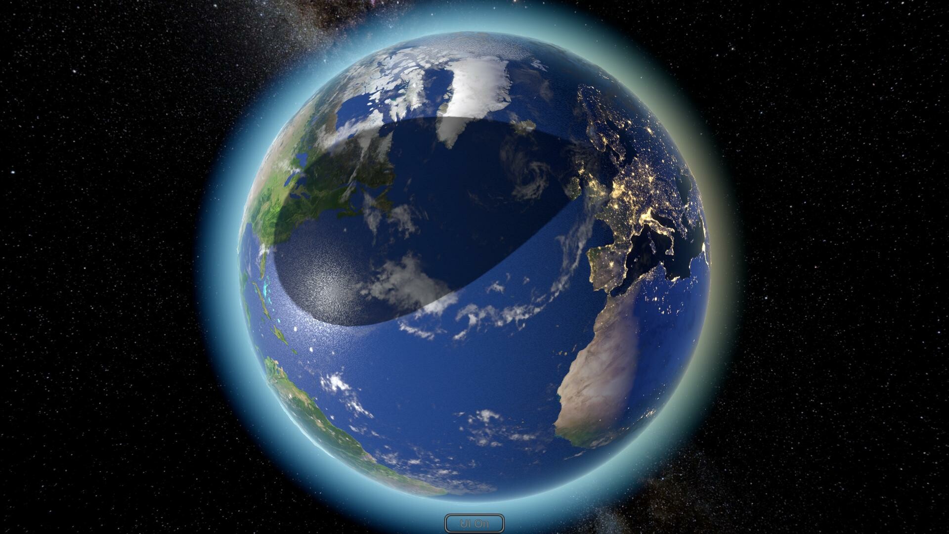 Earth seen from space with the Moon's eclipse shadow crossing the Atlantic
