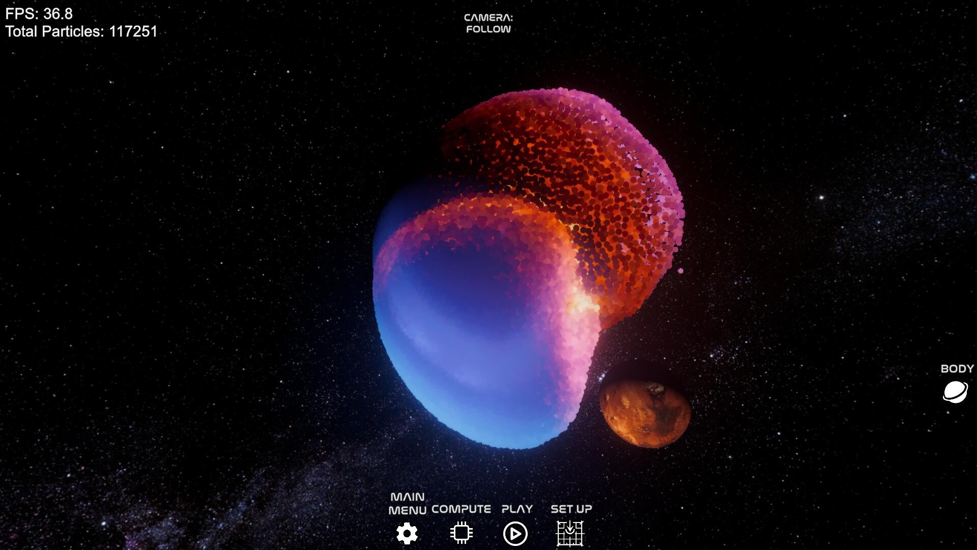 Multiple bodies colliding and merging in Space Crash Simulator