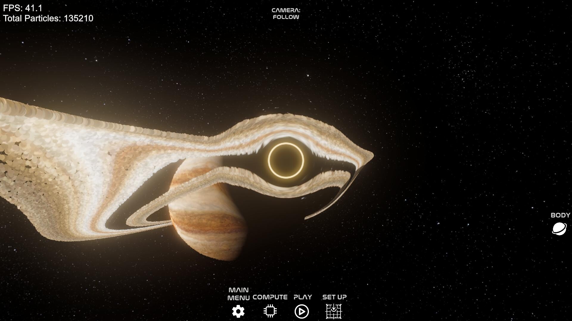 Jupiter torn apart by a black hole, its gas drawn into a gravitationally lensed ring