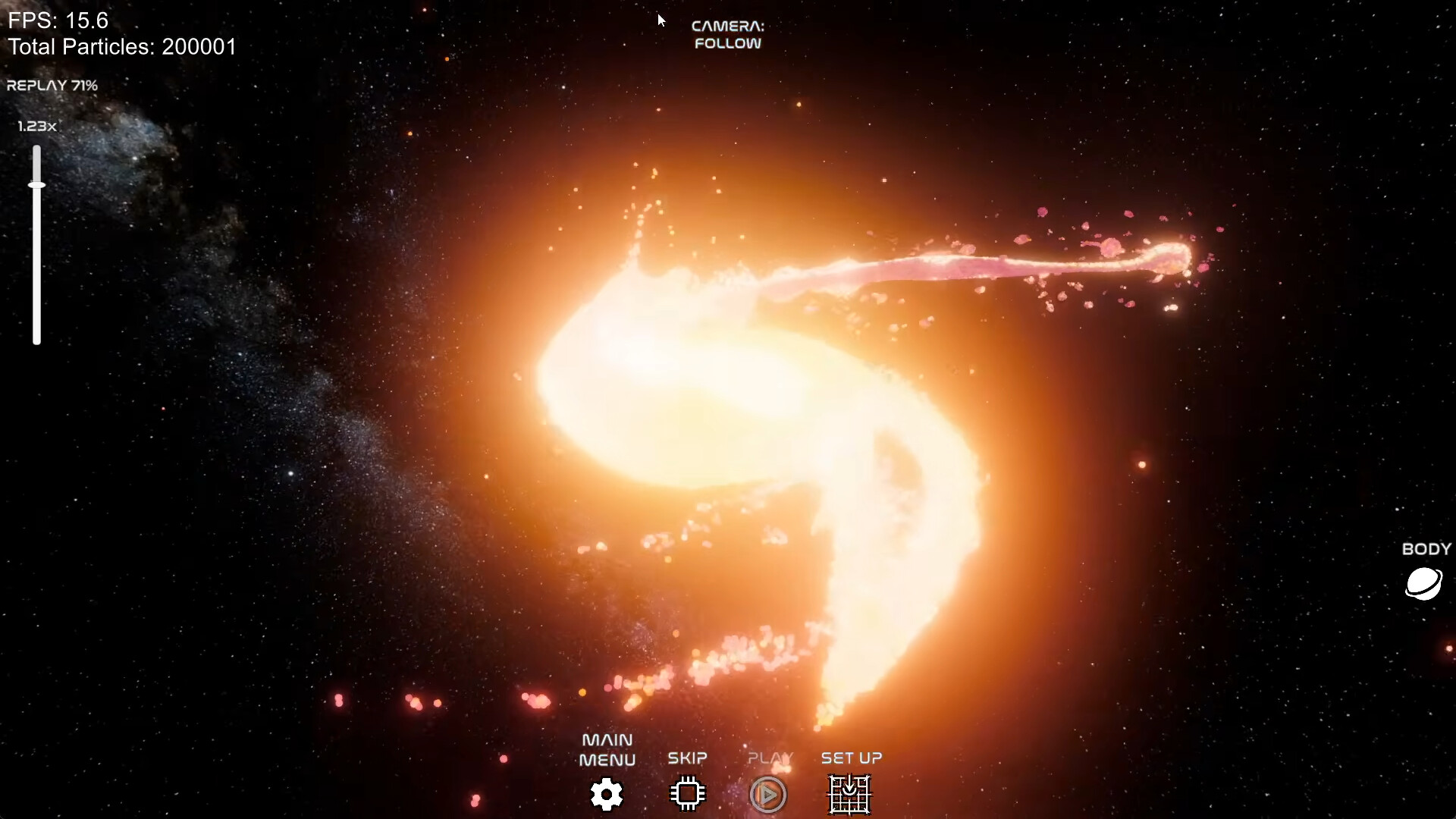 A planet torn into a glowing spiral of molten debris by a black hole