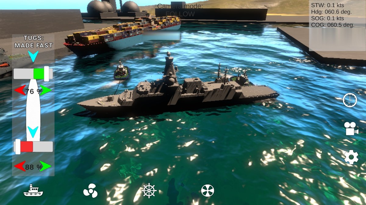 Two lateral tugs swinging a frigate to starboard in a turning basin